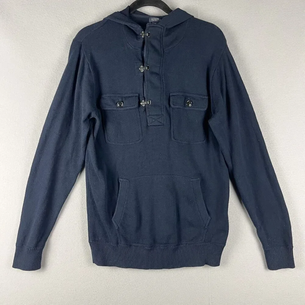 J Crew Hooded Sweater Mens Medium Blue Clasp‎ Buckle Pockets Cotton Pullover